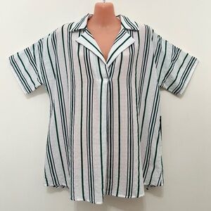 NWT Doe & Rae Navy Green Striped Collared Short Sleeve Top Nautical Resortwear